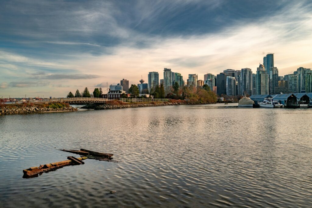 Beautiful view of high-rise buildings near the Coal Harbour in Vancouver